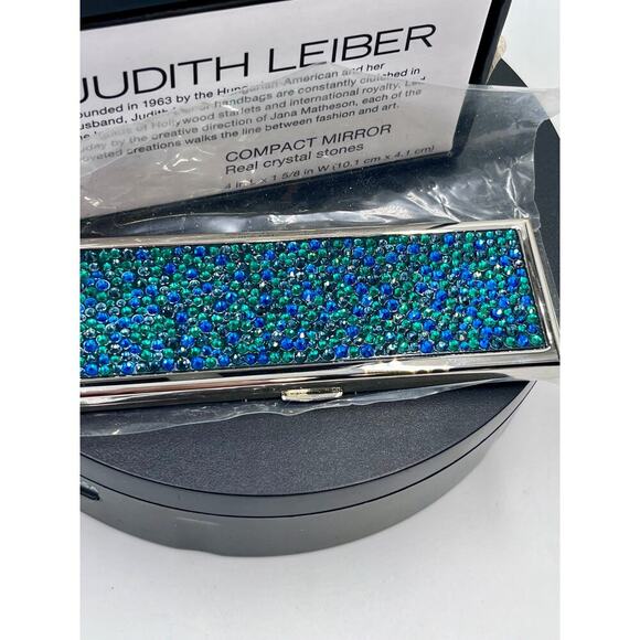 JUDITH LEIBER Compact Mirror Slim Pocket Austria Crystal Green Blue Dots Silver - Picture 3 of 11